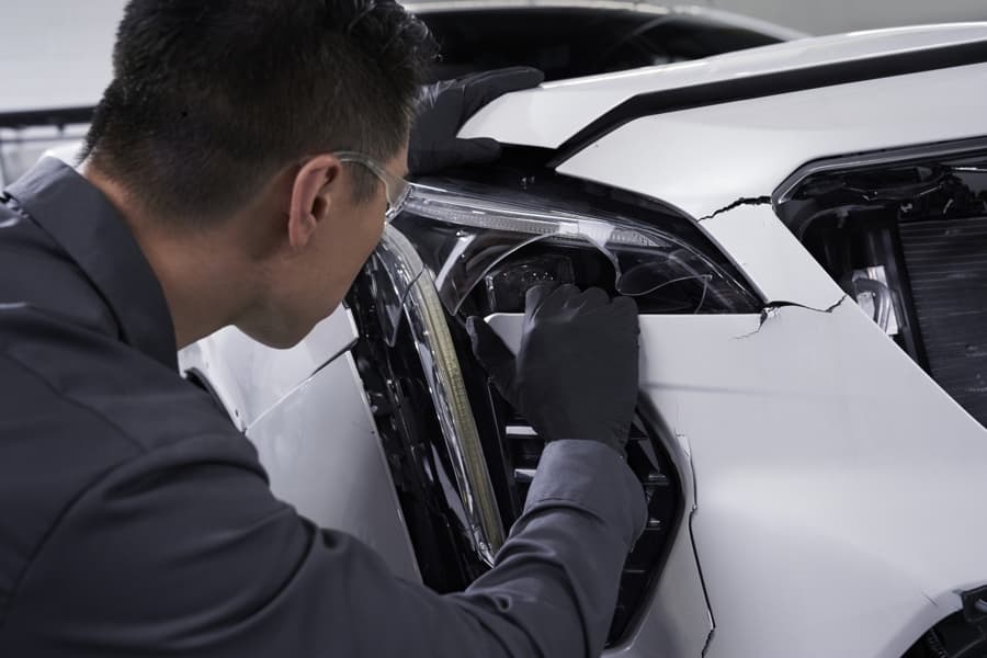 Technician working on damaged vehicle